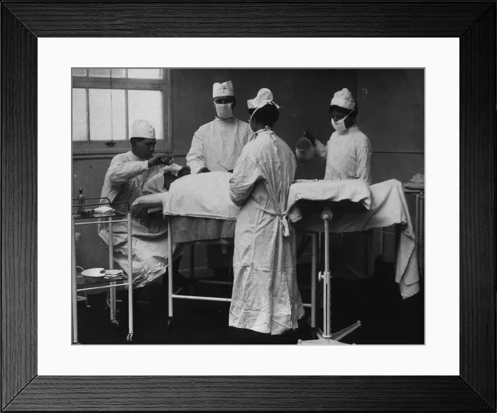 Framed Print : Operation at the U.S. Army Camp Hospital in Winchester, England during World War I. Anesthesia is administered by dripping ether or chloroform onto a cloth over the patients nose