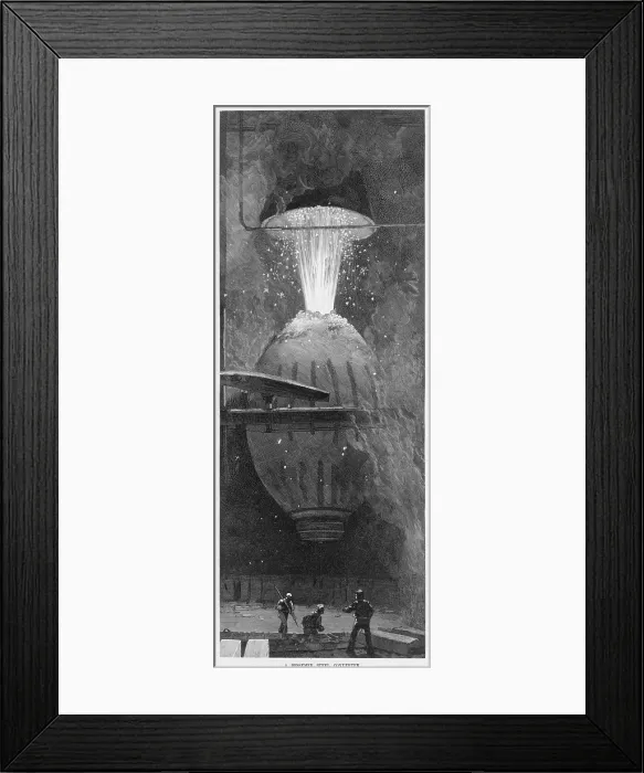 Framed Print : A Bessemer steel converter removed impurities from iron by oxidation (burning) with high-pressure air being blown through the molten iron Framed Print : A Bessemer steel converter removed impurities from iron by oxidation (burning) with high-pressure air being blown through the molten iron