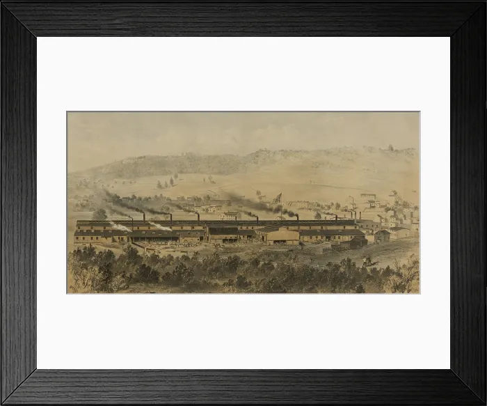 Framed Print : Paterson Iron Company were manufacturers of forgings for steamboats and railroads. Ca. 1865. Detail of the factory exterior and surroundings Framed Print : Paterson Iron Company were manufacturers of forgings for steamboats and railroads. Ca. 1865. Detail of the factory exterior and surroundings
