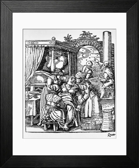Framed Print : Two midwives comfort a woman sitting in a birthing chair while a third midwife delivers the baby; while in the background two men are consulting astrological charts and the stars Framed Print : Two midwives comfort a woman sitting in a birthing chair while a third midwife delivers the baby; while in the background two men are consulting astrological charts and the stars