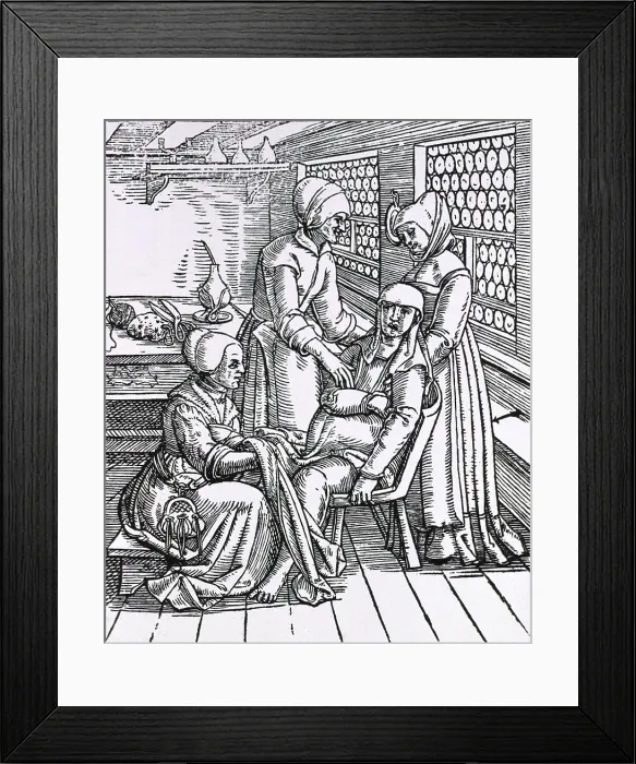Framed Print : A pregnant woman sitting in a birthing chair is being attended to by three midwives, one ready to receive the baby, the second standing behind the chair Framed Print : A pregnant woman sitting in a birthing chair is being attended to by three midwives, one ready to receive the baby, the second standing behind the chair
