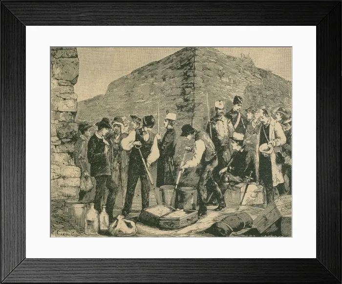 Framed Print : Cholera Epidemic in France, 1884. Public health workers disinfect baggage at a quarantine station for maritime travelers. From a sketch by E. Clair-Guyot, for L'ILLLUSTRATION