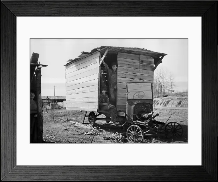 Framed Print : Three men stand in the entry of their shack home built on an old truck chassis. Between Camden and Bruceton Tennessee. March 1936 Framed Print : Three men stand in the entry of their shack home built on an old truck chassis. Between Camden and Bruceton Tennessee. March 1936