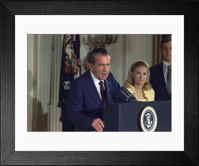 Framed Print : Richard Nixon addressing his Cabinet and White House staff after his resignation of the Presidency. At left are Edward and Tricia Nixon Cox. Aug. 9 1974 Framed Print : Richard Nixon addressing his Cabinet and White House staff after his resignation of the Presidency. At left are Edward and Tricia Nixon Cox. Aug. 9 1974