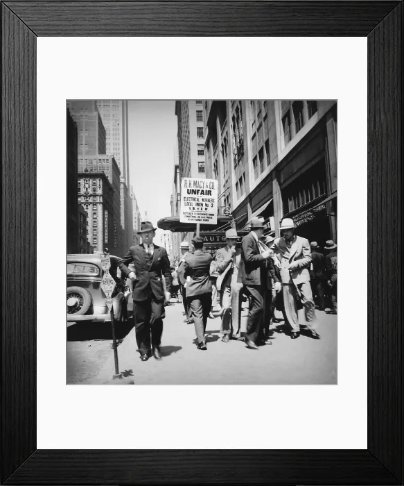 Framed Print : Union men picketing Macy's department store. Sign reads R.H. Macy Co. Unfair - Electrical Workers - Local Union No