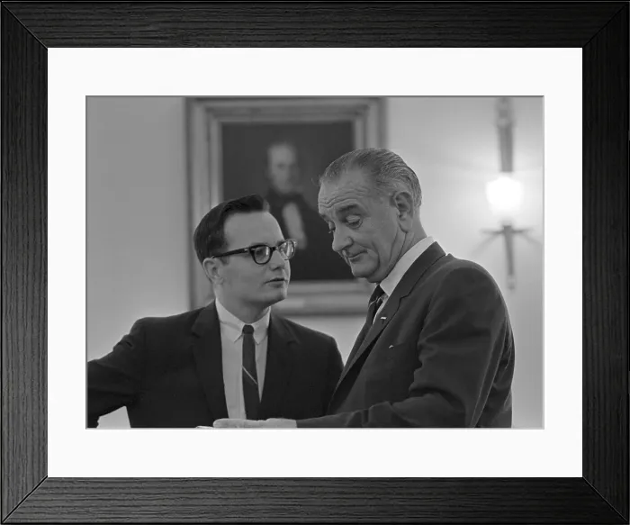 Framed Print : President Lyndon Johnson, talking with his Press Secretary, Bill Moyers. Aug. 24, 1965 Framed Print : President Lyndon Johnson, talking with his Press Secretary, Bill Moyers. Aug. 24, 1965