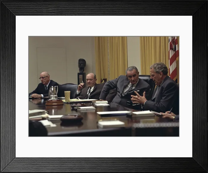 Framed Print : Senator Richard Russell, Dean Rusk, President Lyndon Johnson, and Clark Clifford in a Bipartisan Congressional Leadership meeting on Vietnam. Oct. 14, 1968
