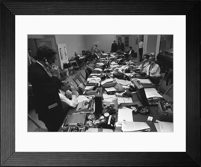 Framed Print : White House Press Room during President Lyndon Johnson's gall bladder surgery. Oct. 8, 1965
