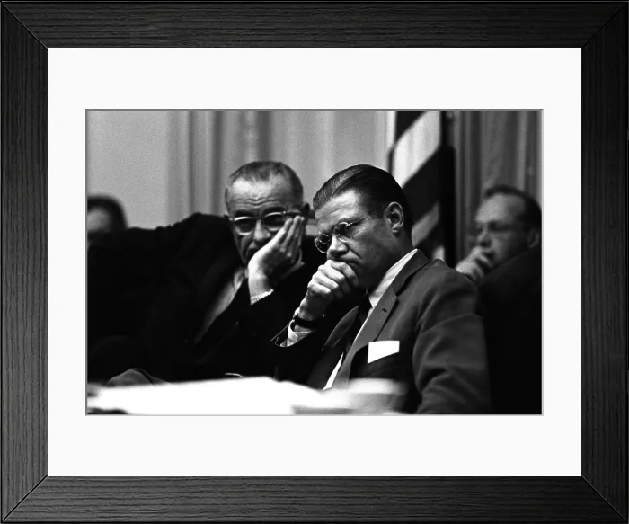 Framed Print : President Lyndon Johnson, and Robert McNamara in a meeting on Vietnam. July 27, 1965