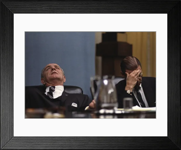 Framed Print : President Lyndon Johnson and Defense Secretary Robert McNamara at National Security Council meeting on Feb. 7, 1968, during the first weeks of the Tet Offensive in Vietnam