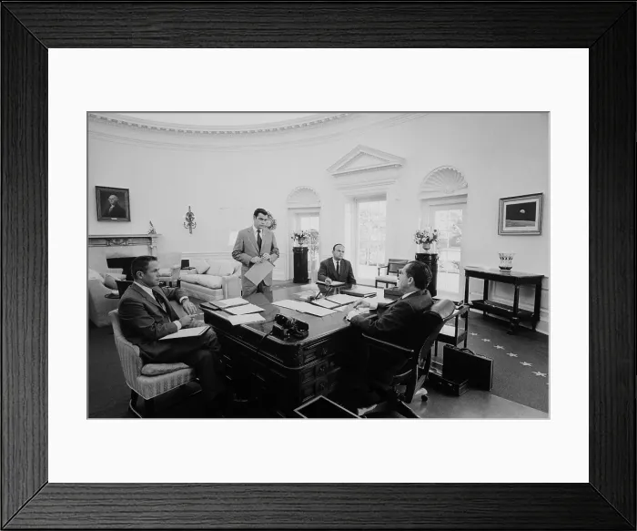 Framed Print : President Nixon meets with chief advisers in the Oval Office. L to R H.R. Haldeman Dwight Chapin John D. Ehrlichman Richard Nixon. March 13 1970