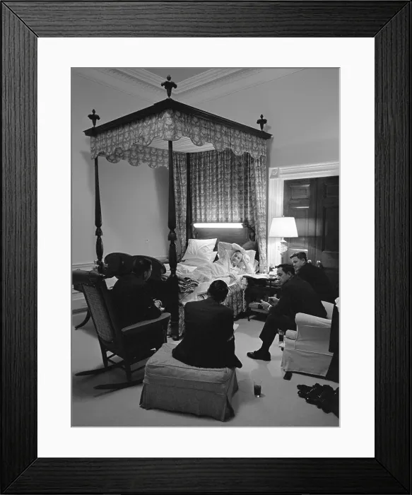 Framed Print : Bedroom meeting with President Lyndon Johnson. L-R: Sheldon Cohen, unidentified, Joe Barr, and Charles Schultze. April 27, 1966 Framed Print : Bedroom meeting with President Lyndon Johnson. L-R: Sheldon Cohen, unidentified, Joe Barr, and Charles Schultze. April 27, 1966