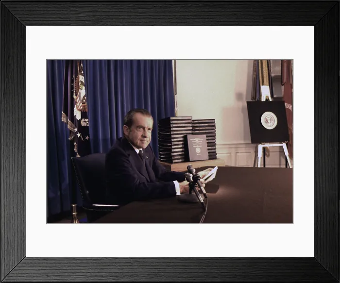 Framed Print : President Nixon before his televised address about releasing the transcripts of the White House tapes relating to the Watergate scandal. May 1 1974 Framed Print : President Nixon before his televised address about releasing the transcripts of the White House tapes relating to the Watergate scandal. May 1 1974