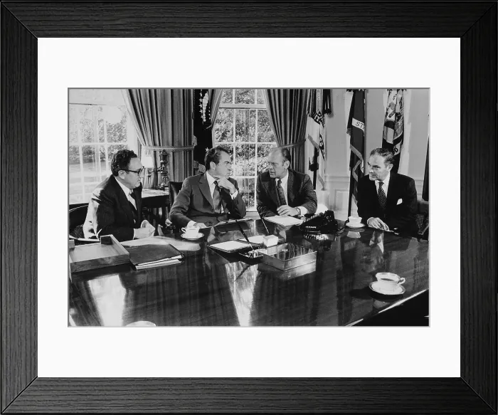 Framed Print : Gerald Ford meeting with President Nixon regarding his nomination as Vice President. Secretary of State Kissinger left and Chief of Staff Alexander Haig right attended. Oct