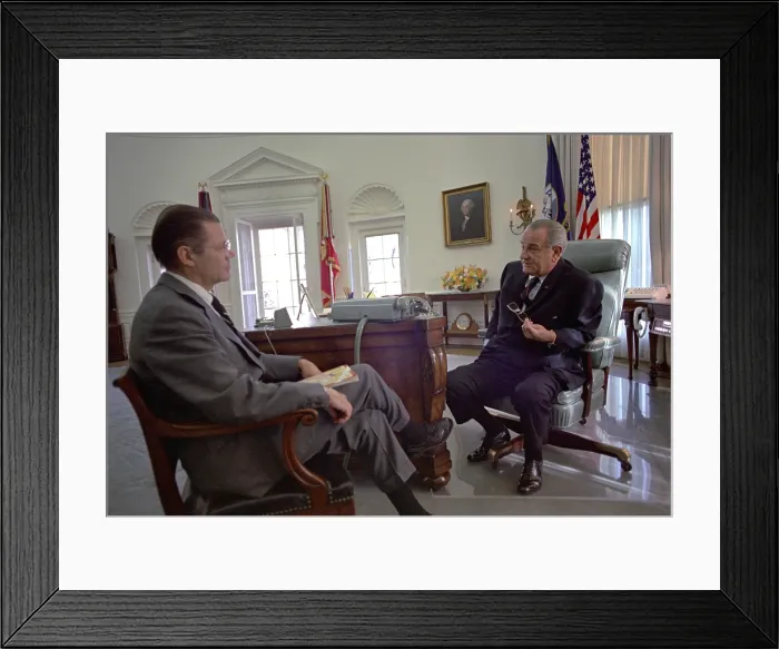 Framed Print : President Lyndon Johnson meeting with Defense Secretary Robert McNamara, in the Oval Office. Nov. 27, 1967