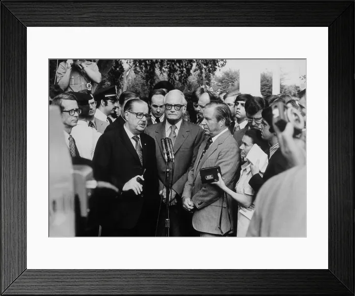 Framed Print : Republican Senators Hugh Scott Barry Goldwater and Congressman John Rhodes after meeting with President Nixon on Aug. 7 1974 Framed Print : Republican Senators Hugh Scott Barry Goldwater and Congressman John Rhodes after meeting with President Nixon on Aug. 7 1974