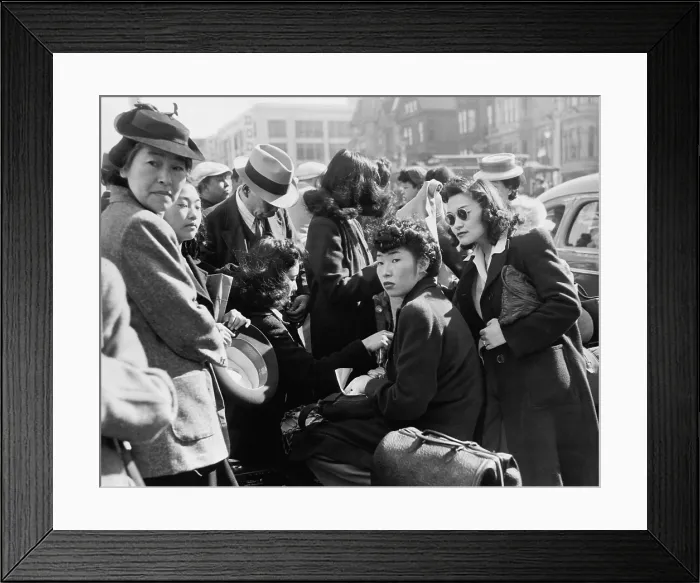 Framed Print : Japanese Americans, mostly fashionable young women, waiting to be removed from San Francisco, April 6, 1942 Framed Print : Japanese Americans, mostly fashionable young women, waiting to be removed from San Francisco, April 6, 1942