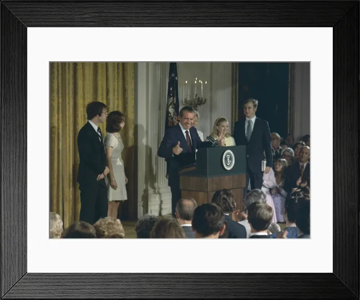 Framed Print : Richard Nixon delivering his farewell speech to his Cabinet and White House staff. L to R Framed Print : Richard Nixon delivering his farewell speech to his Cabinet and White House staff. L to R