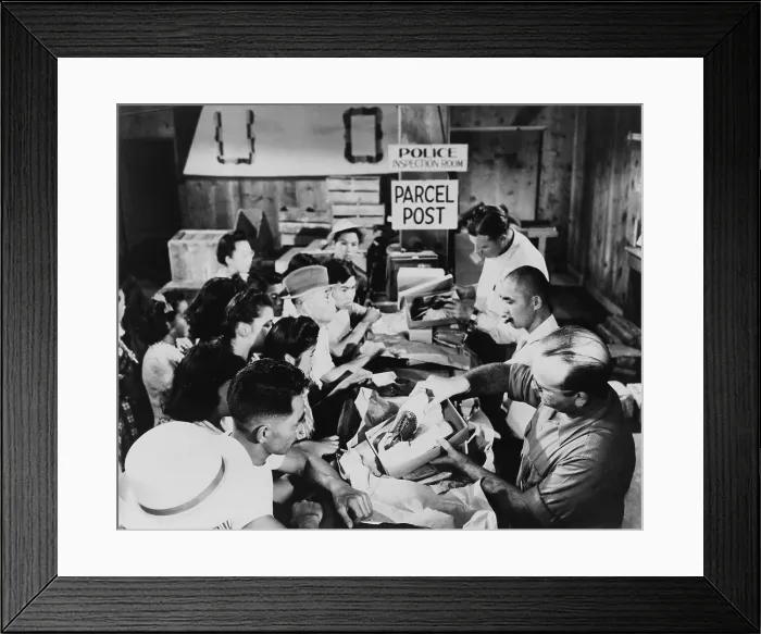 Framed Print : Interned Japanese-Americans in line at the police inspection room to receive parcel post packages Framed Print : Interned Japanese-Americans in line at the police inspection room to receive parcel post packages