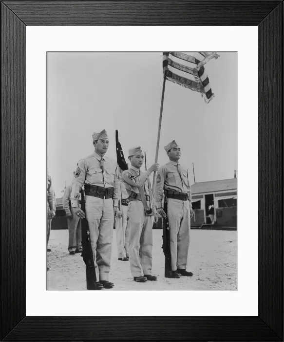 Framed Print : Japanese American Masaoka brothers, and flank flag bearer at Camp Shelby, Mississippi, April 1944