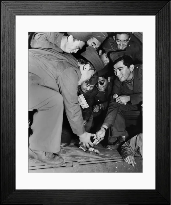 Framed Print : Japanese-American soldiers of the 442nd Regiment in game of galloping dominoes, (dice). Camp Shelby, Mississippi, June 1943 during World War 2. (BSLOC_2013_11_176) Framed Print : Japanese-American soldiers of the 442nd Regiment in game of galloping dominoes, (dice). Camp Shelby, Mississippi, June 1943 during World War 2. (BSLOC_2013_11_176)