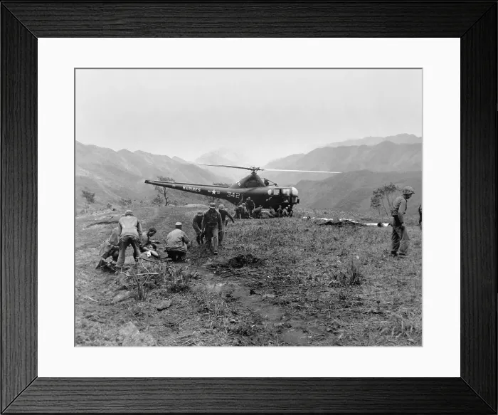 Framed Print : U.S. Navy Corpsmen prepare three Marines for evacuation evacuated via helicopter. May 23, 1951
