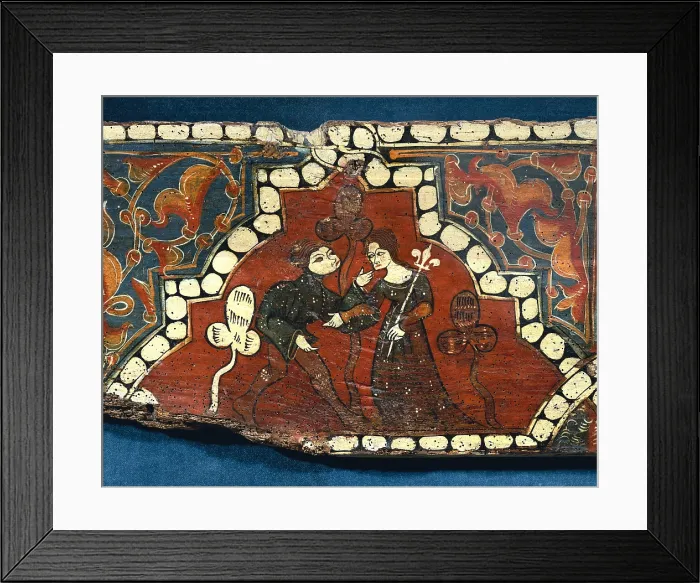 Framed Print : Painted woods from Curiel De Los Ajos Palace. 1386 - 1412. Detail of a polychrome beam with love scene