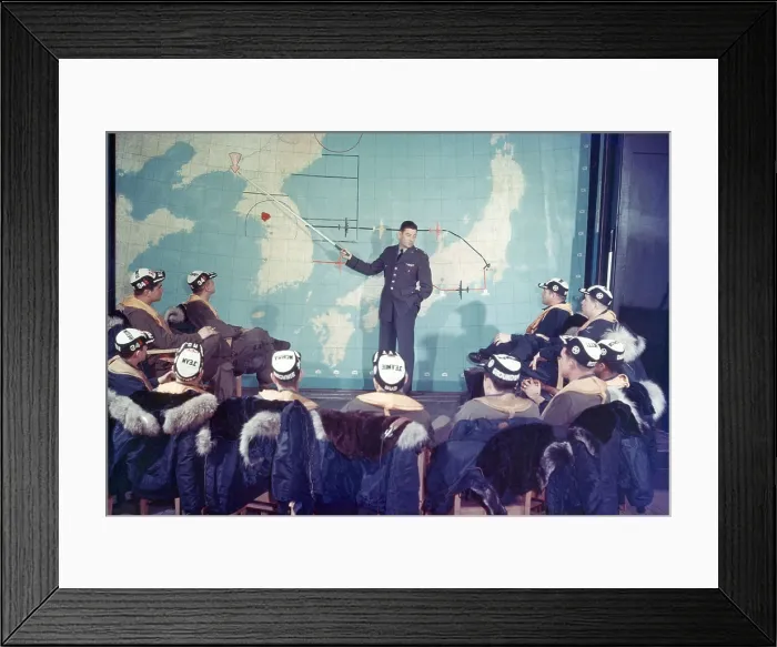 Framed Print : U.S. bomber pilots in pre-mission briefing Yokota Air Base near Tokyo, Japan. The Major points out the often-visited target of Sinuiju, North Korea. Korean War, 1950-53 Framed Print : U.S. bomber pilots in pre-mission briefing Yokota Air Base near Tokyo, Japan. The Major points out the often-visited target of Sinuiju, North Korea. Korean War, 1950-53