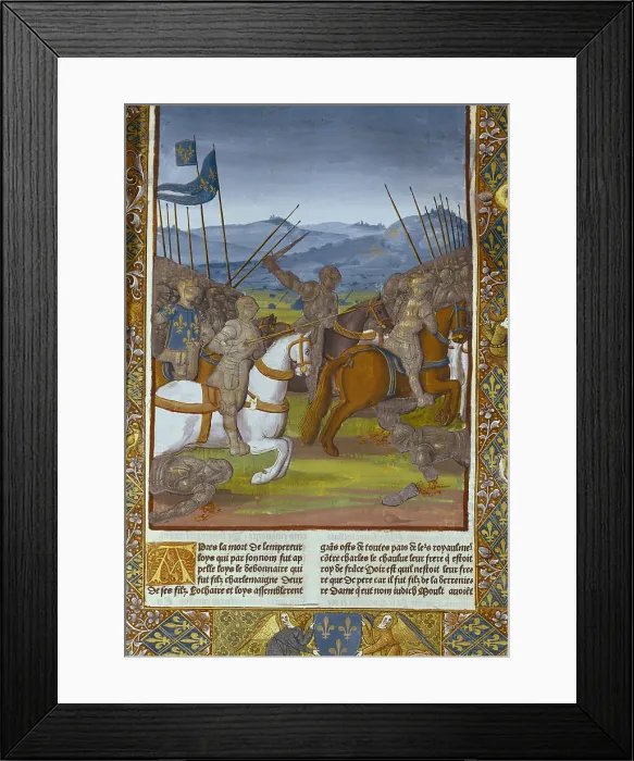 Framed Print : Fouquet, Jean (1420-1481). Grandes Chroniques de France (Great Chronicles of France). 1455-1460. Wars of Charlemagne. Edition of Antoine Verard, 1493. Gothic art