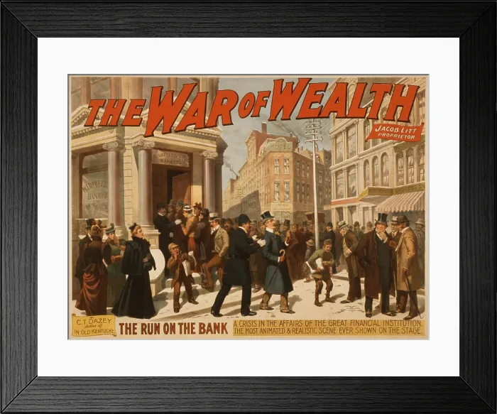 Framed Print : 1895 Theater poster showing a run on the bank, claiming it was the most animated and realistic scene ever shown on the stage