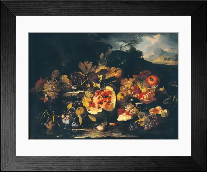 Framed Print : Watermelon, grapes and pomegranates with a landscape in the background, by Franz Werner von Tamm known as Dapper, 1675 - 1699 about, 17th Century, oil on canvas