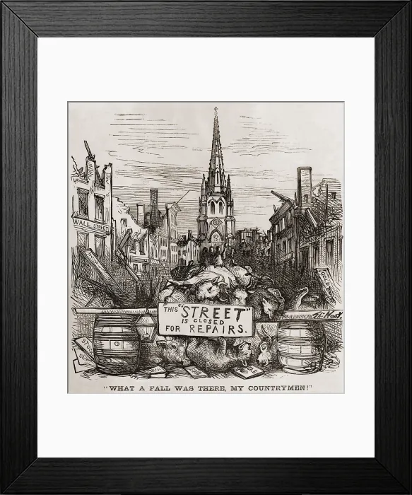 Framed Print : Thomas Nast cartoon of New York City's Wall Street in ruins with dead bulls piled behind a sign reading Framed Print : Thomas Nast cartoon of New York City's Wall Street in ruins with dead bulls piled behind a sign reading