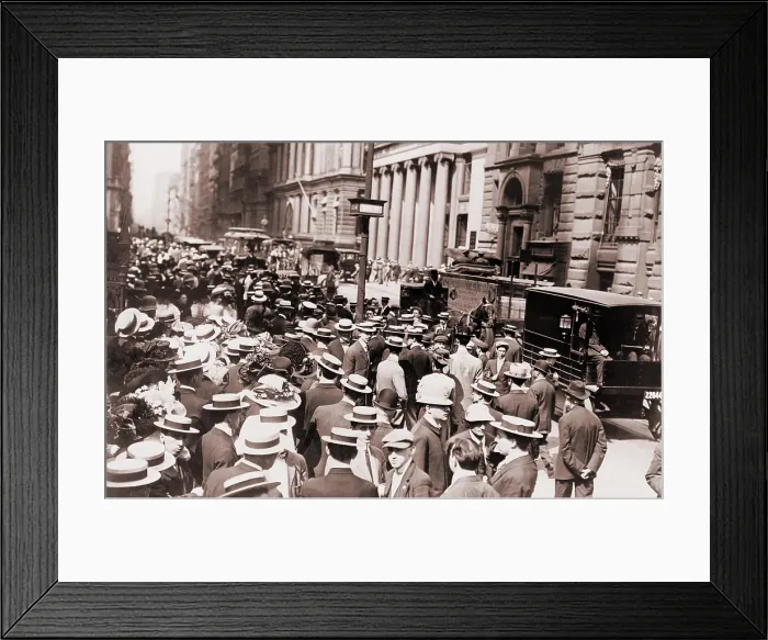 Framed Print : People walking on the street in New York's Financial district, at Wall Street and Broadway in 1911. In the streets are horse drawn and motor powered vehicles