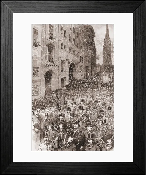 Framed Print : An avalanche of telegraphic tape falls on New York's Wall Street during the 1888 presidential election campaign parade