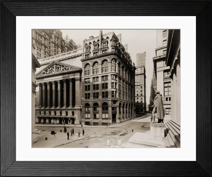 Framed Print : New York Stock Exchange (left) and the Wilks Building on the Corner of Wall and Broad Streets Framed Print : New York Stock Exchange (left) and the Wilks Building on the Corner of Wall and Broad Streets