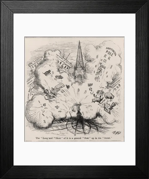 Framed Print : Financial Panic of 1873. Thomas Nast cartoon showing an explosion blowing up Northern Pole R.R. Co. the Bank of Inflation, Fire and Brimstone Company, etc Framed Print : Financial Panic of 1873. Thomas Nast cartoon showing an explosion blowing up Northern Pole R.R. Co. the Bank of Inflation, Fire and Brimstone Company, etc