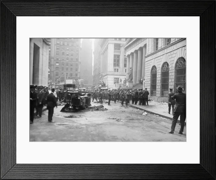Framed Print : The Wall Street Bombing. Police, soldiers, and reporters at the scene of the Wall Street terrorist bombing, Sept