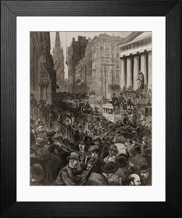 Framed Print : Chaotic scene on Wall Street, NYC on May 14, 1884. The Panic occurred during to a credit contraction by the largest New York banks