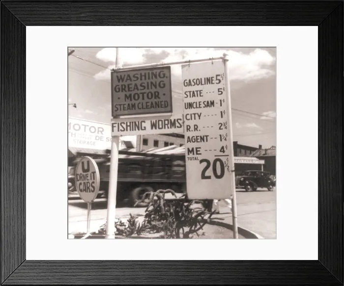Framed Print : The Great Depression. Gas station sign itemizing taxes and fees imposed by different layers of government that raise the price per gallon. Photo by Dorothea Lange
