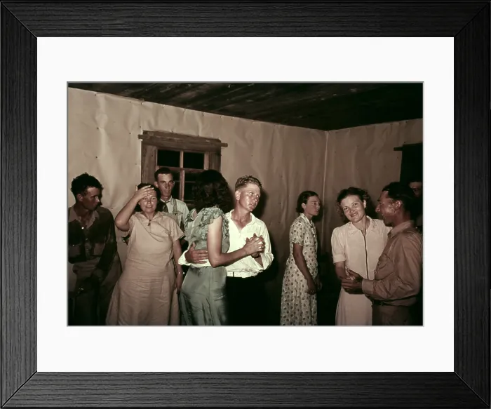 Framed Print : Square dance in rural home in McIntosh County Oklahoma. They dance in a simple interior with butcher paper covered walls. Ca. 1938-39