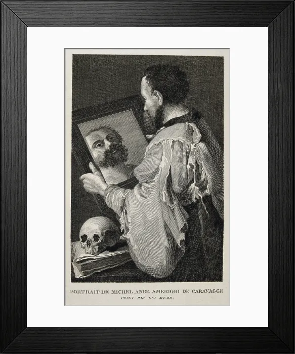 Framed Print : CARAVAGGIO, Michelangelo Merisi da (1573-1610). Italian painter of the Baroque. Portrait of Caravaggio facing a mirror, with a book and a skull. Baroque art. Engraving. SPAIN
