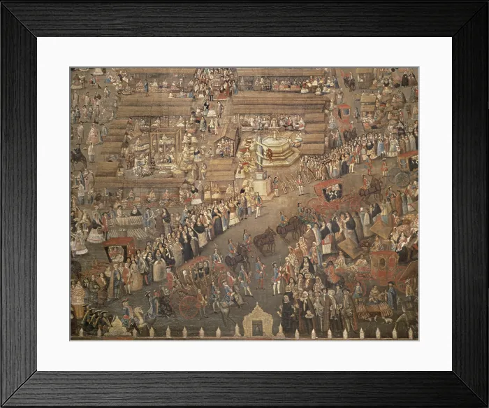 Framed Print : Plaza Mayor of Mexico City. ca. 1766. The viceroys's cortege crossing the aquare in a market day. Painting attributed to Juan Antonio Prado. Central detail. Colonial baroque