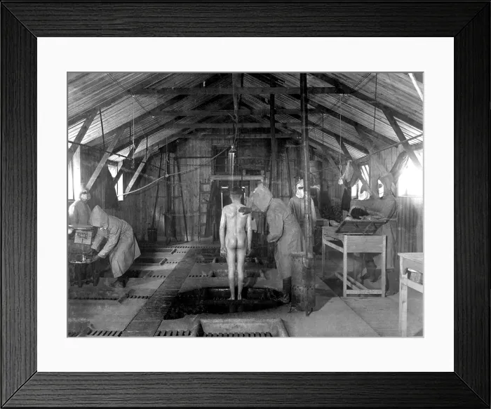 Framed Print : Decontamination treatment room for gassed patients at American Evacuation Hospital No. 2, Baccarat, France. World War I, June 8, 1918 Framed Print : Decontamination treatment room for gassed patients at American Evacuation Hospital No. 2, Baccarat, France. World War I, June 8, 1918