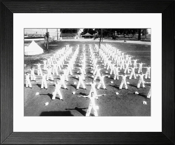 Framed Print : Callisthenic exercises for new recruits. Naval Militia Camp, Somersville, N.Y. World War I. Ca. 1917-18