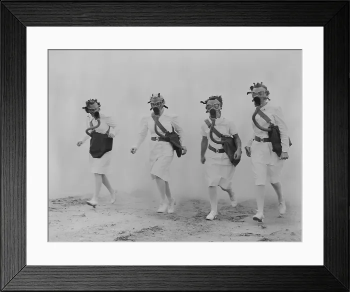 Framed Print : Nurses in a gas mask drill at the U.S. Army Air Forces Technical Training Command. World War 2, ca. 1941-45. (BSLOC_2013_11_190) Framed Print : Nurses in a gas mask drill at the U.S. Army Air Forces Technical Training Command. World War 2, ca. 1941-45. (BSLOC_2013_11_190)