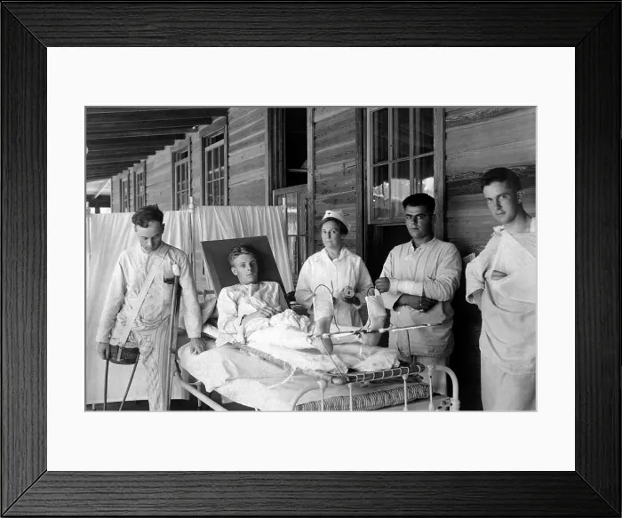 Framed Print : Wounded American World War I Veterans. They are surgical patients at the Base Hospital of Camp Joseph E. Johnston, Florida. Ca. 1918