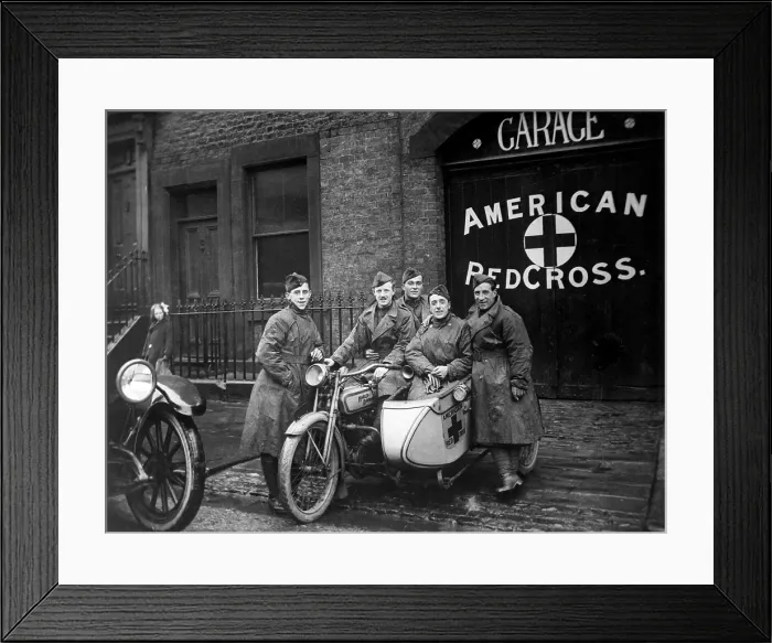 Framed Print : American Red Cross emergency responders with their Harley Davidson motorcycle and sidecar in Britain. World War I. Ca. 1918 Framed Print : American Red Cross emergency responders with their Harley Davidson motorcycle and sidecar in Britain. World War I. Ca. 1918