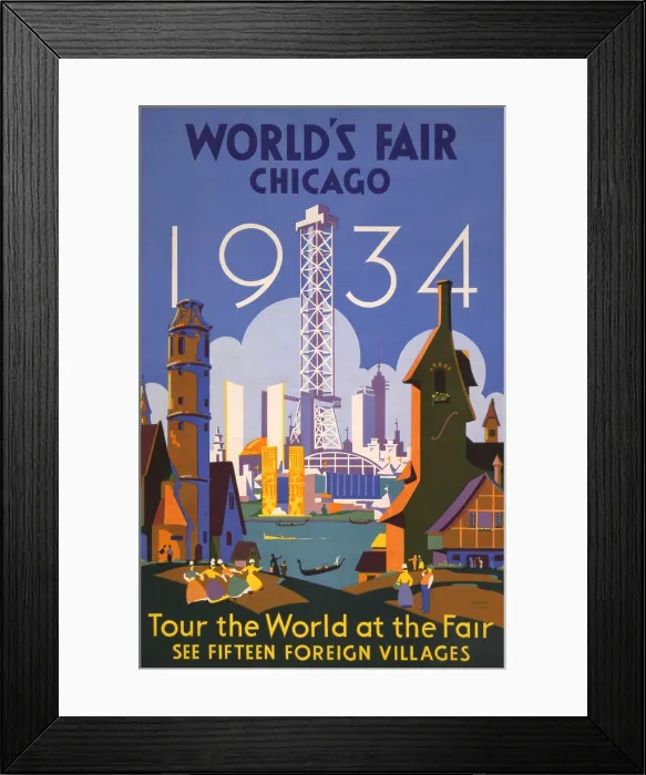 Framed Print : Poster for the 1934 Chicago World's Fair showing the fairgrounds with Chicago skyline