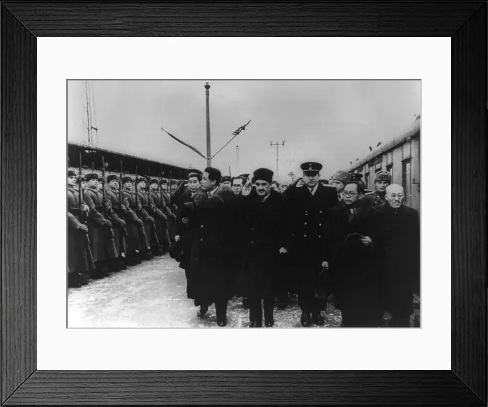 Framed Print : Group of Communist national leaders in Moscow in 1949. Kim Il-sung, North Korean Premier, is hatless, at left of official party reviewing troops. (BSLOC_2014_11_251)