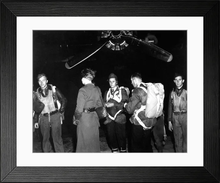 Framed Print : A Jedburgh team by a B-24 from which they would parachute into occupied France
